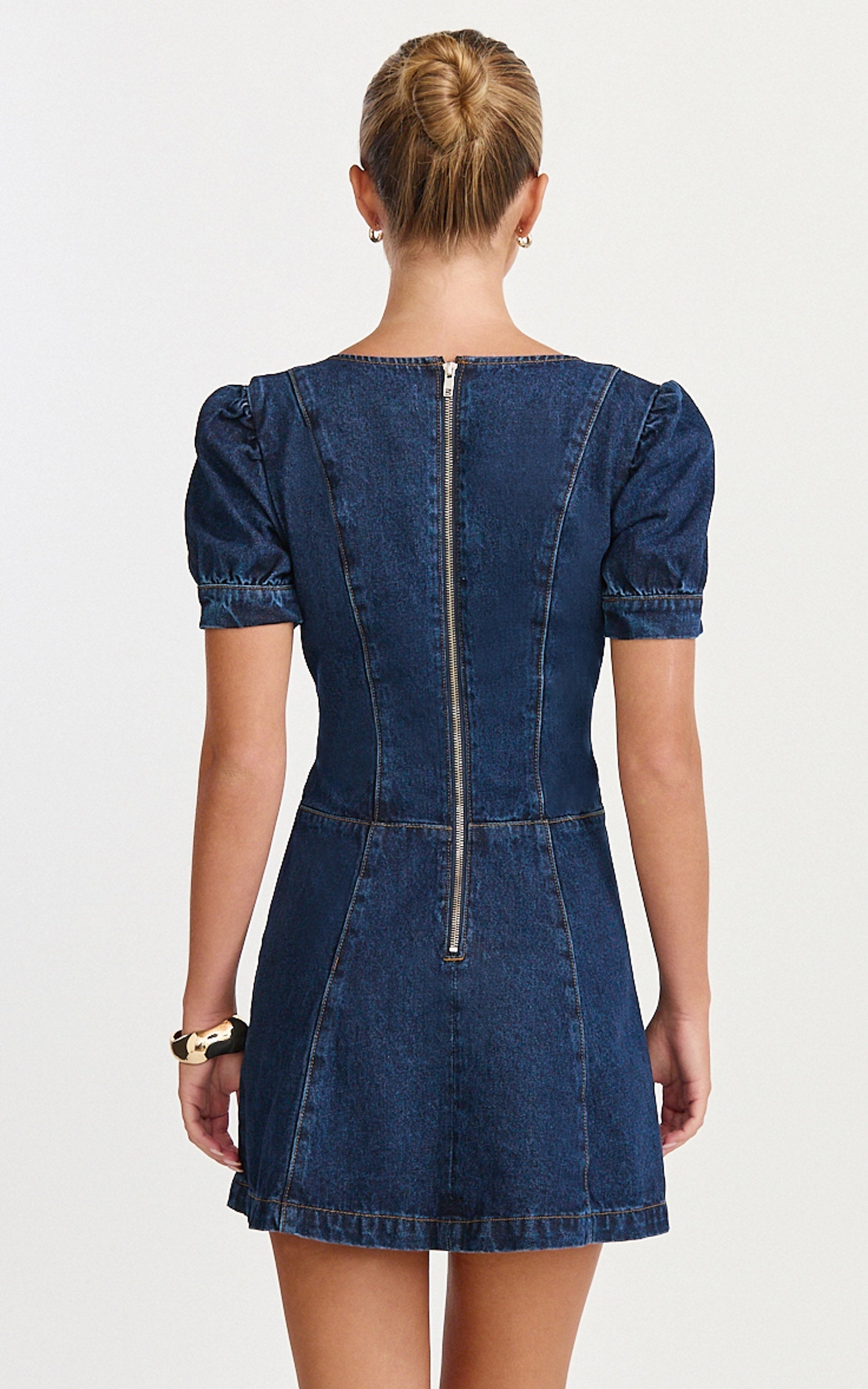 Sophie Mini Dress - Puff Sleeve V Neck Button Down Denim Dress in Dark Blue Wash