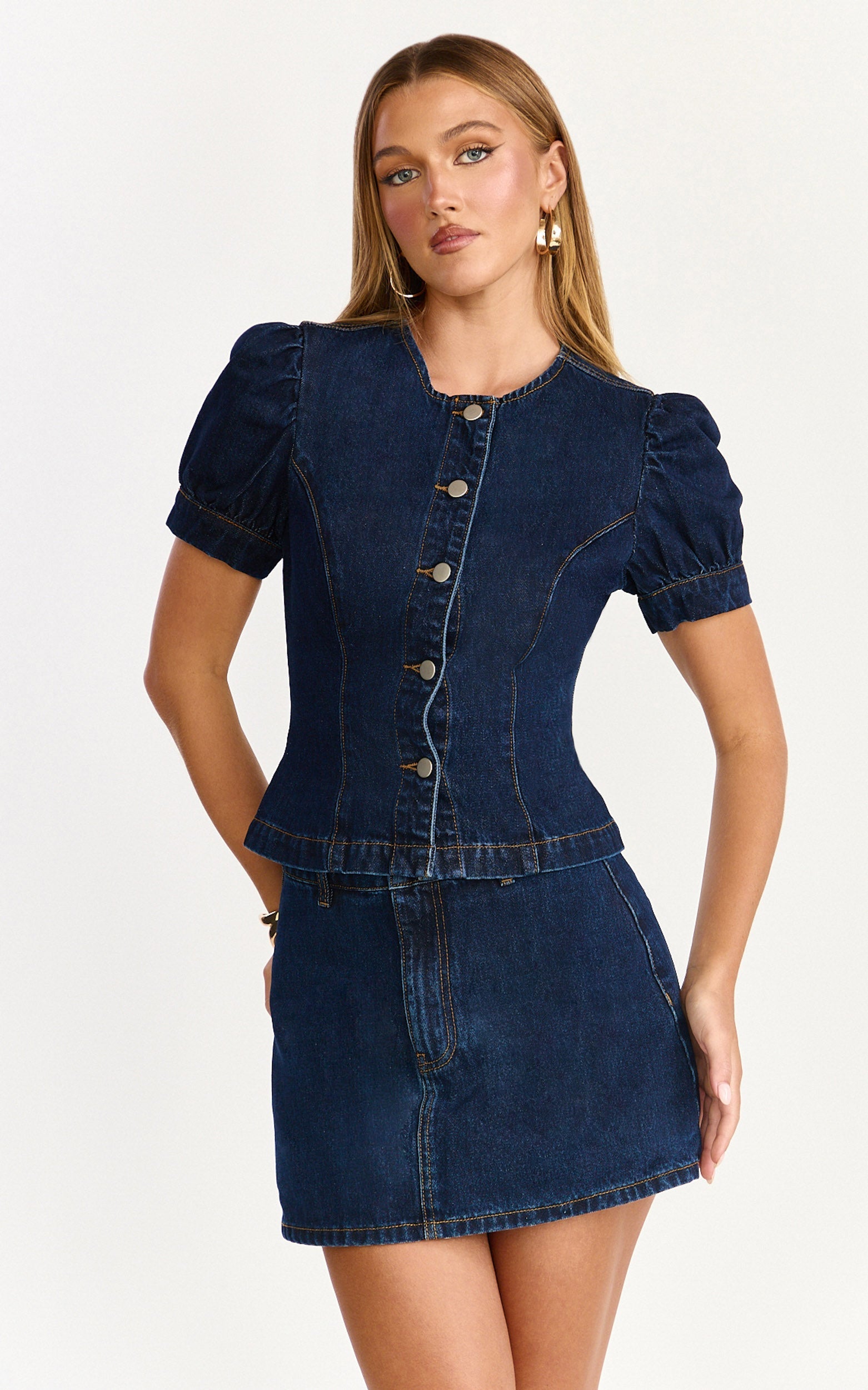Sophie Top - Puff Sleeve Button Down Denim Top in Indigo