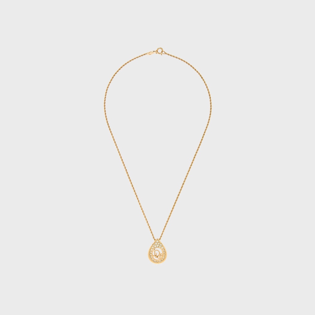 WGACA Christian Dior Logo Rhinestone Teardrop Pendant Necklace - Gold