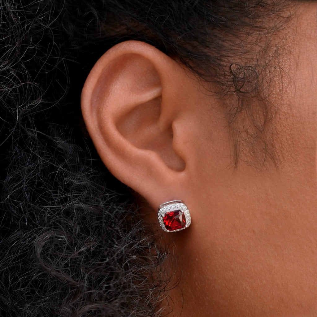 GLD Women 10MM Ruby Cushion Cut Stud Earring in White Gold