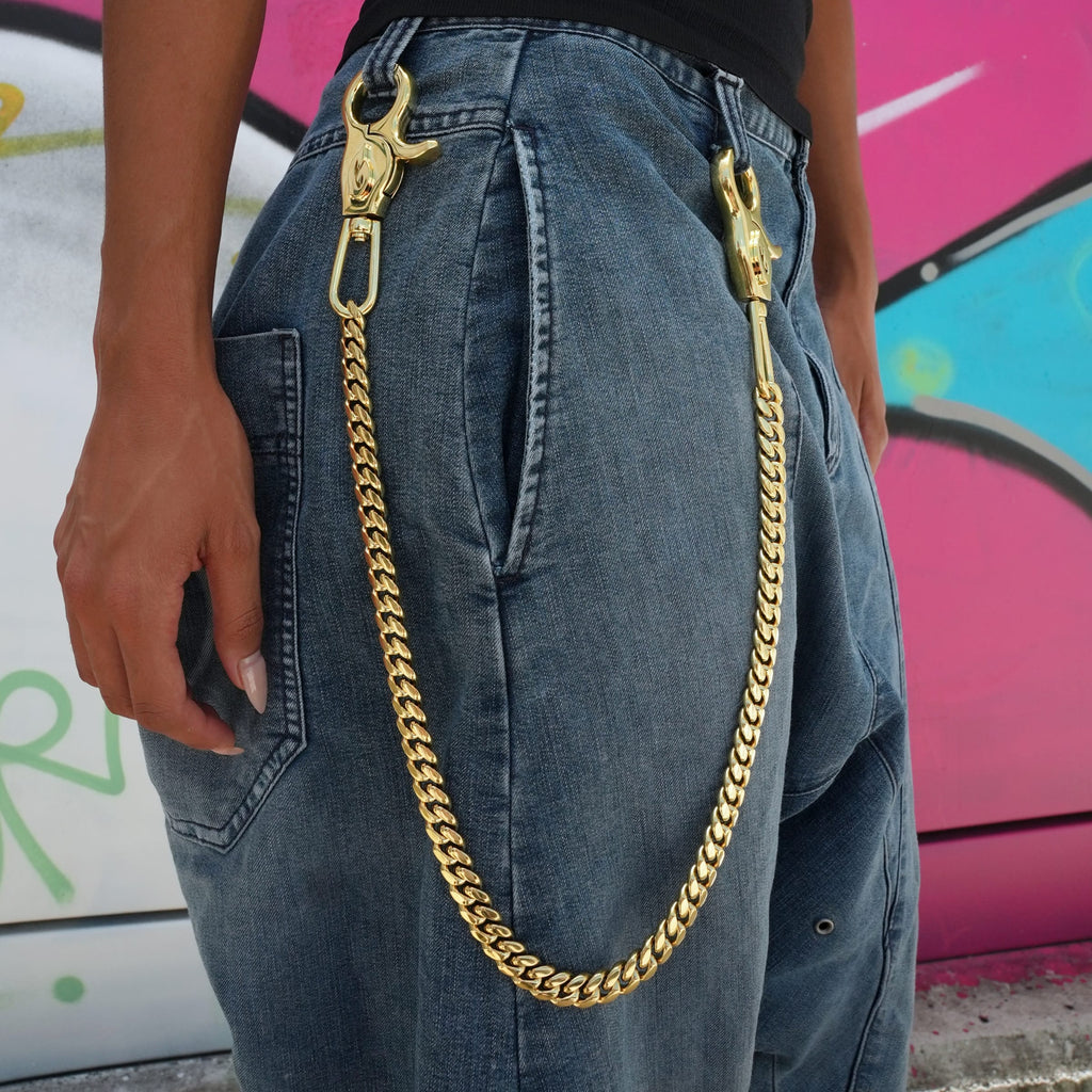 GLD Women 12MM Miami Cuban w/ 65MM Carabiner Pant Chain in Yellow Gold
