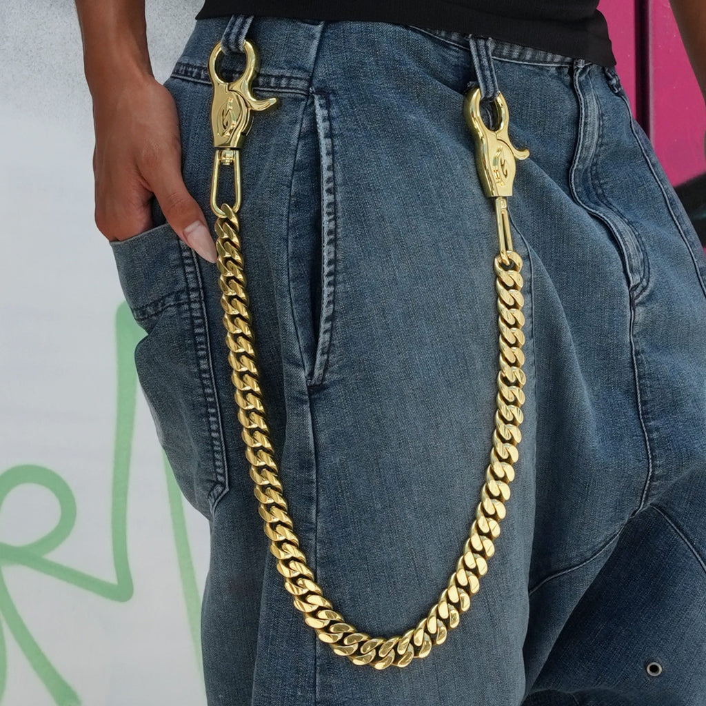 GLD Women 19MM Miami Cuban w/ 65MM Carabiner Pant Chain in Yellow Gold