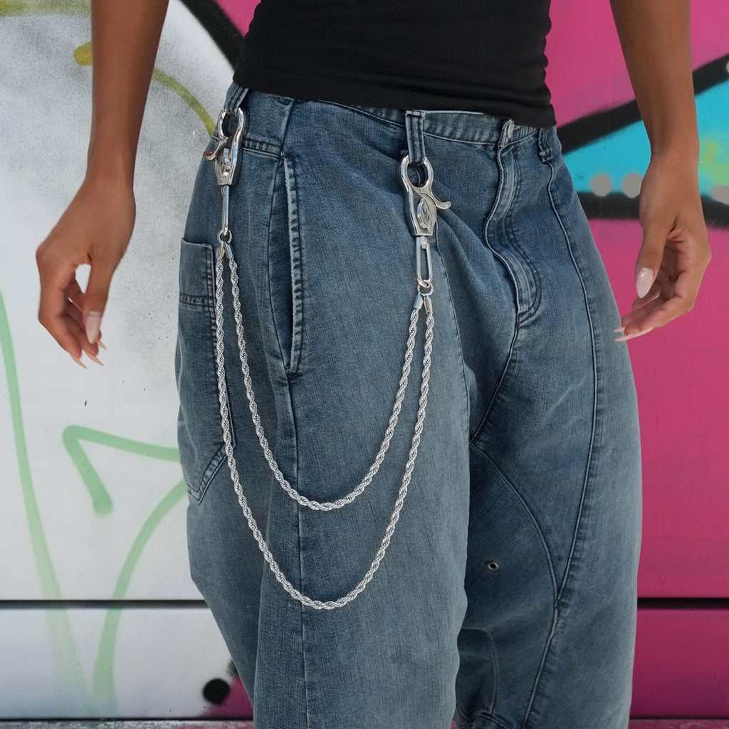 GLD Women 6MM Double Rope Chain w/ 65MM Carabiner Pant Chain in White Gold