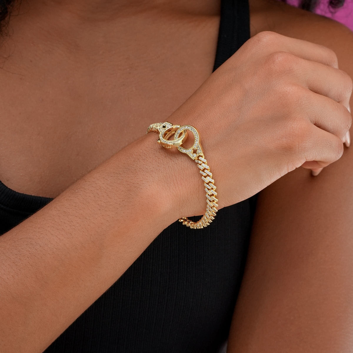GLD Women Diamond Prong Cuban Handcuff Bracelet in Yellow Gold