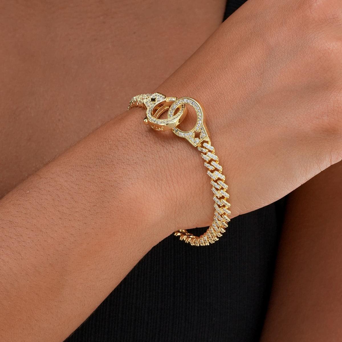 GLD Women Diamond Prong Cuban Handcuff Bracelet in Yellow Gold