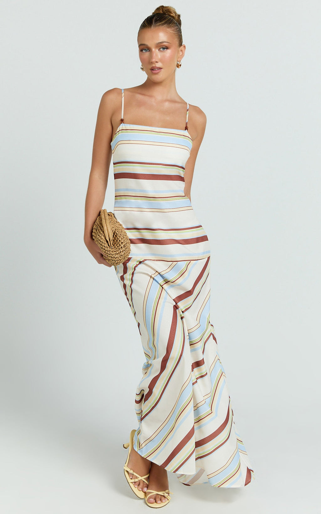 Yurika Maxi Dress - Square Neck Stripe Print Slip Dress in Choco Retro Stripe