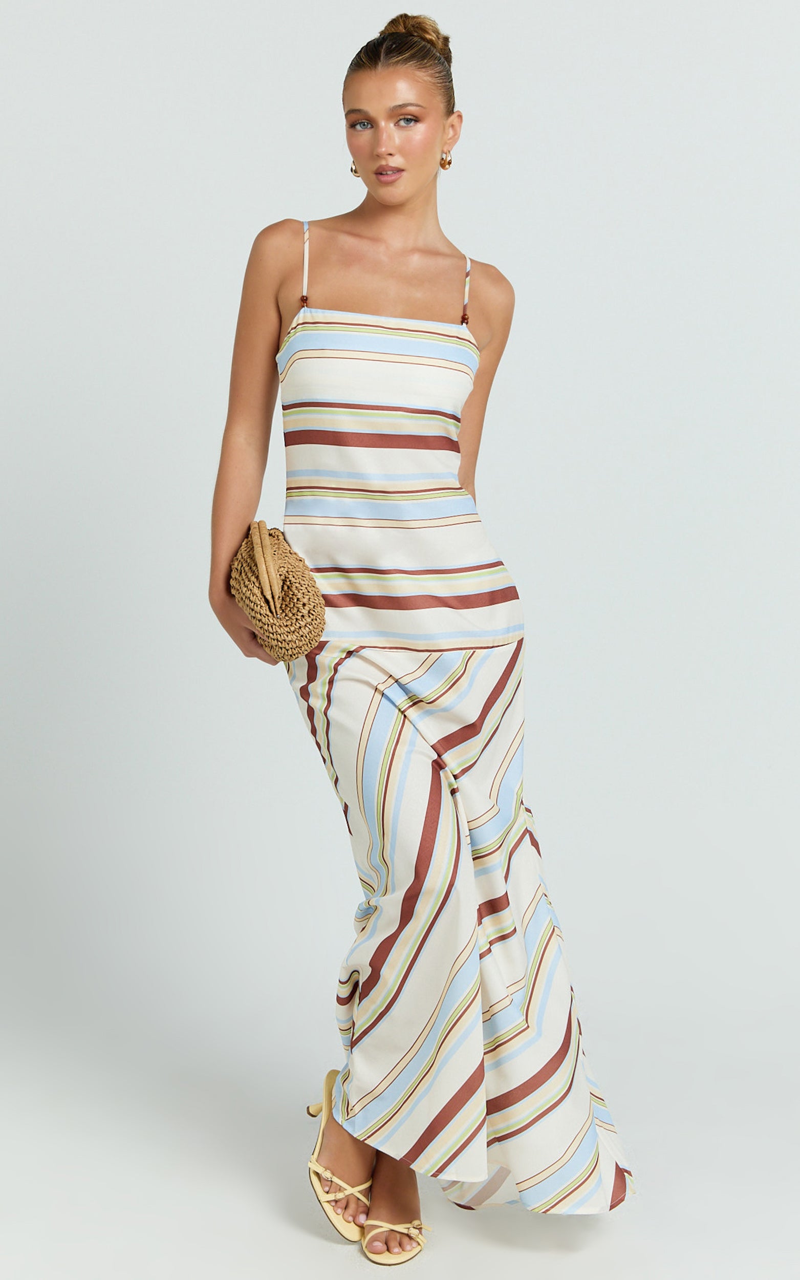 Yurika Maxi Dress - Square Neck Stripe Print Slip Dress in Choco Retro Stripe