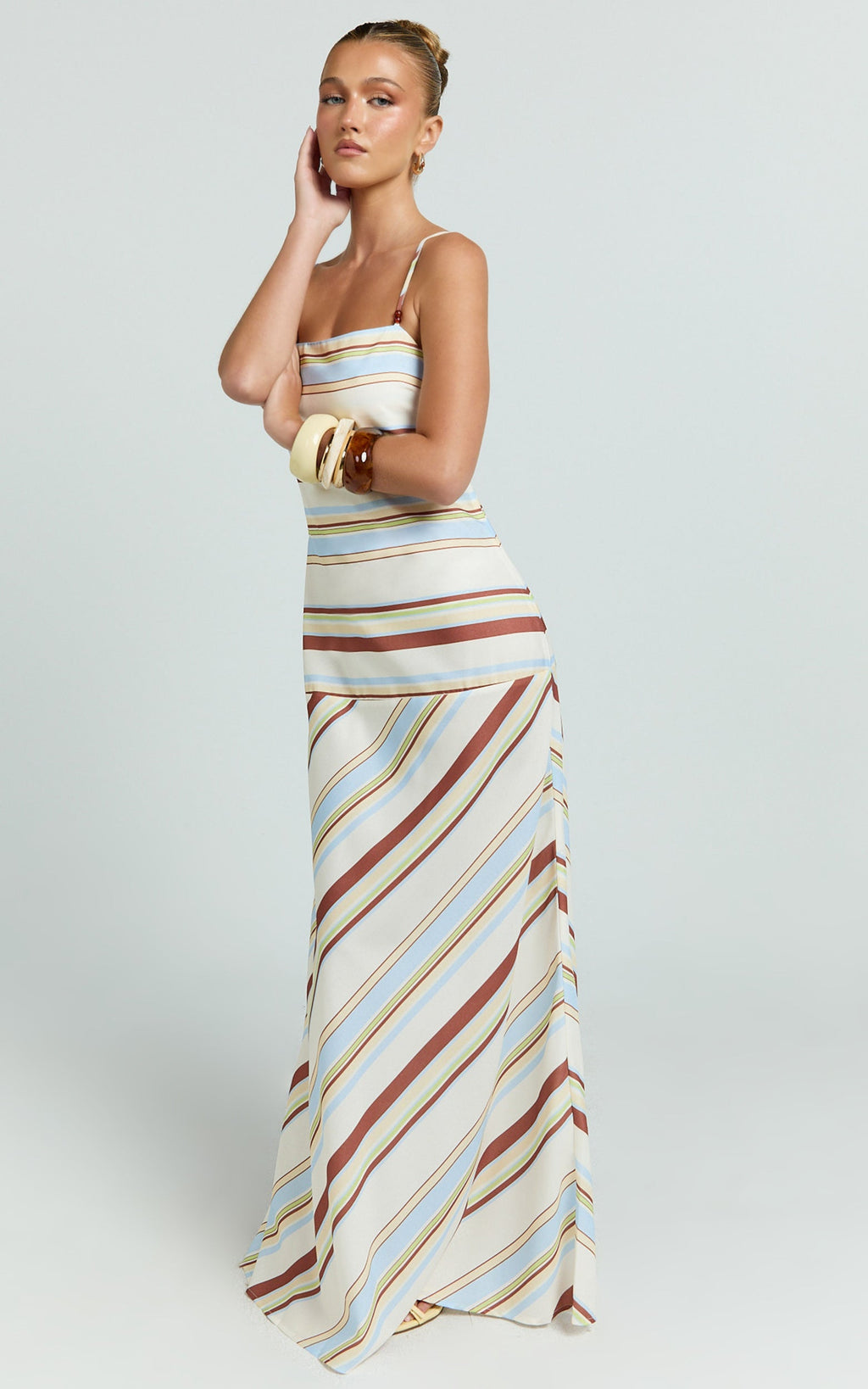Yurika Maxi Dress - Square Neck Stripe Print Slip Dress in Choco Retro Stripe