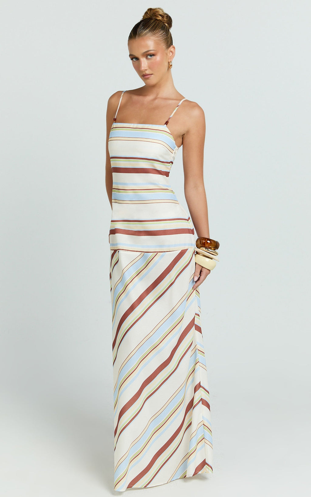 Yurika Maxi Dress - Square Neck Stripe Print Slip Dress in Choco Retro Stripe