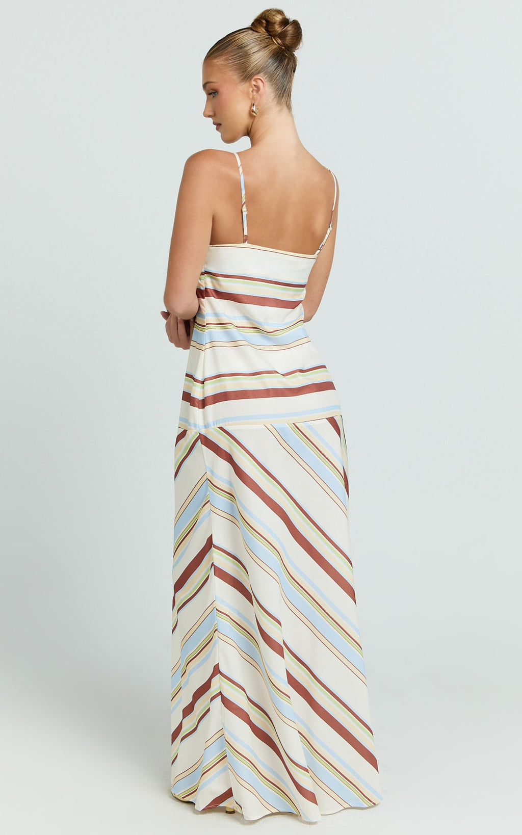 Yurika Maxi Dress - Square Neck Stripe Print Slip Dress in Choco Retro Stripe
