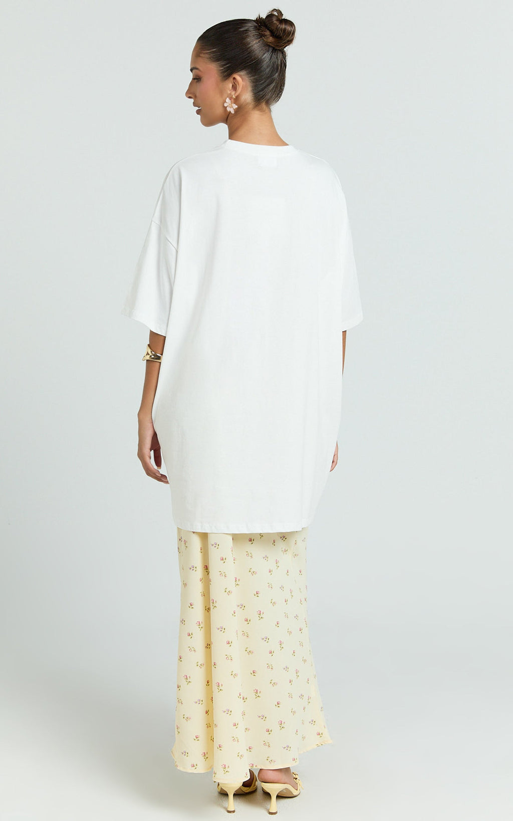 Zaya Two Piece Top and Skirt Set - Oversized Tee and Floral Sheer Midi Skirt Set in White and Yellow
