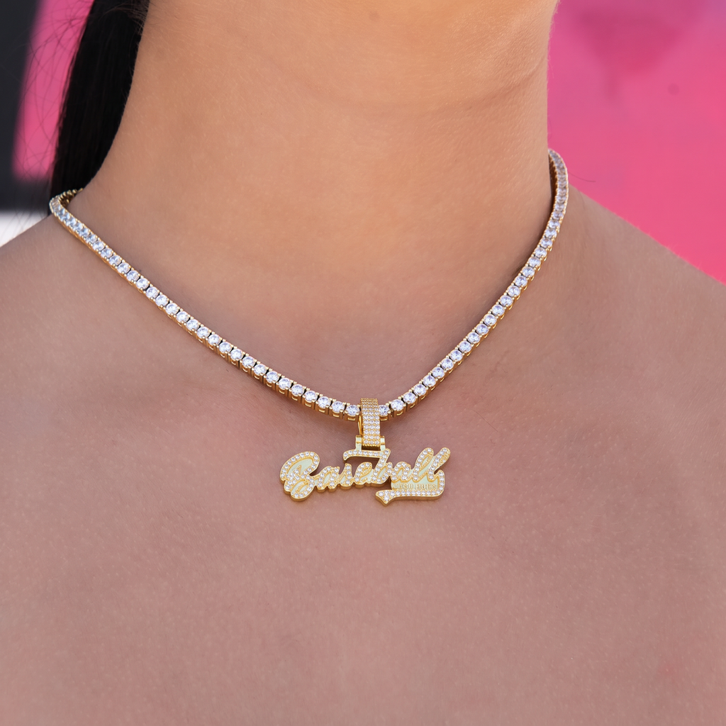 GLD Women Baseball Lifestyle 101 Iced Wordmark Pendant in Yellow Gold