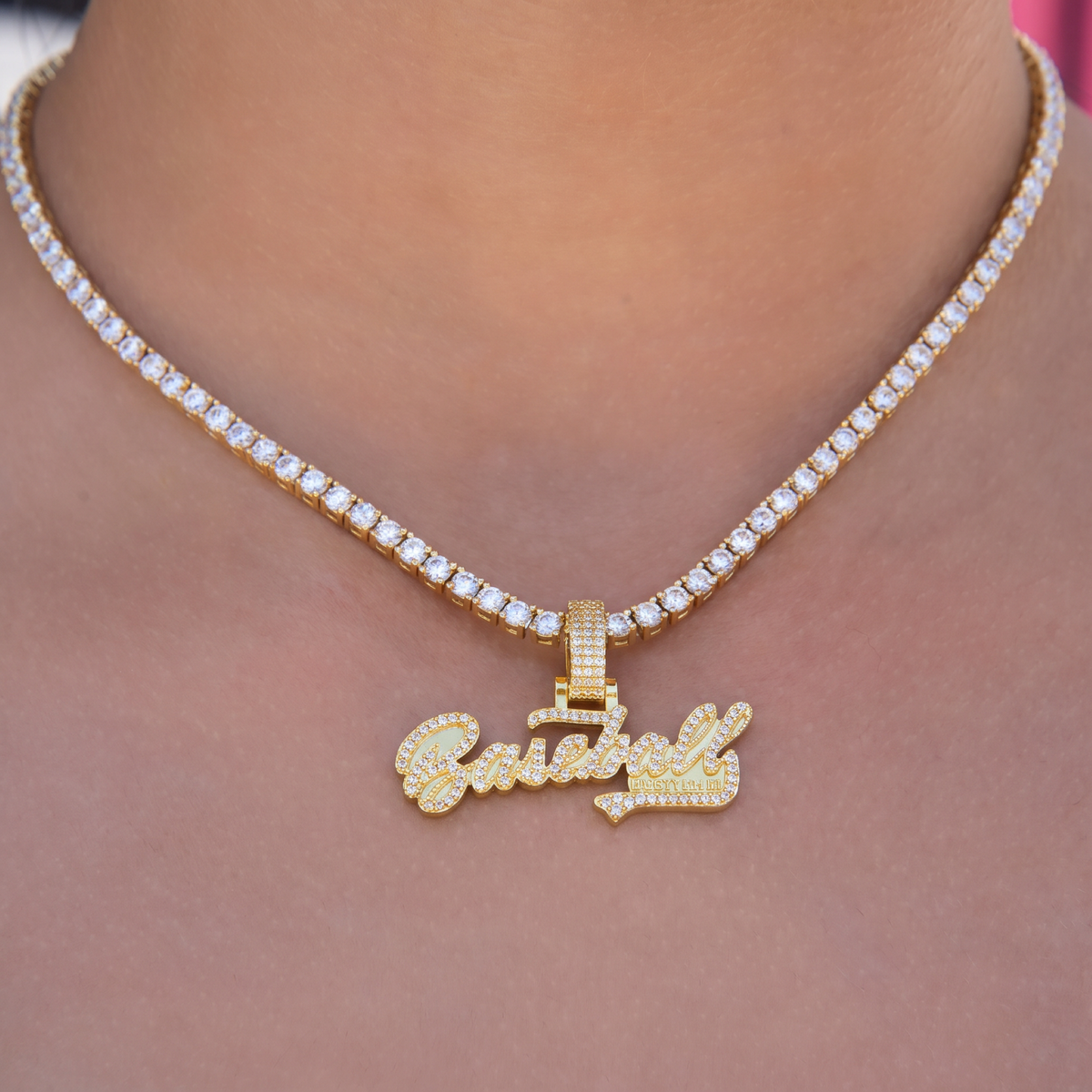 GLD Women Baseball Lifestyle 101 Iced Wordmark Pendant in Yellow Gold