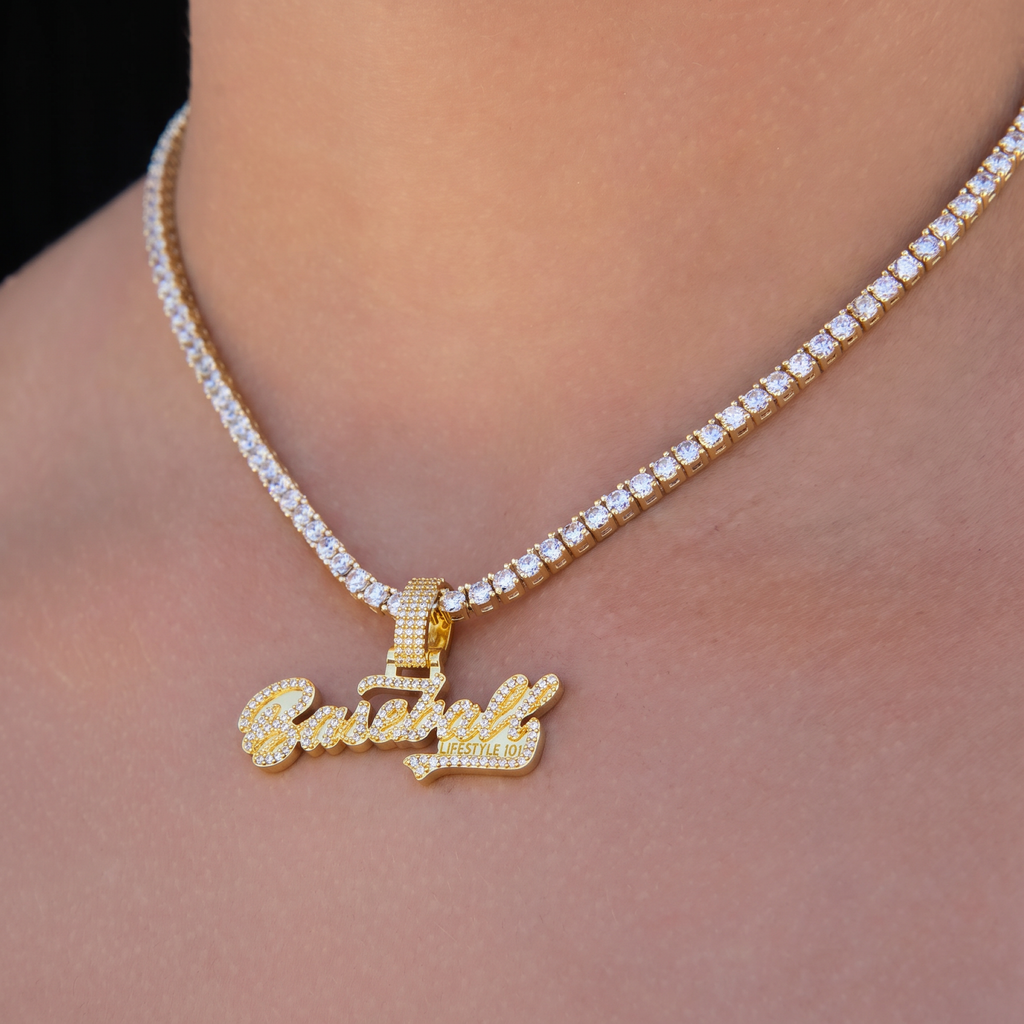 GLD Women Baseball Lifestyle 101 Iced Wordmark Pendant in Yellow Gold