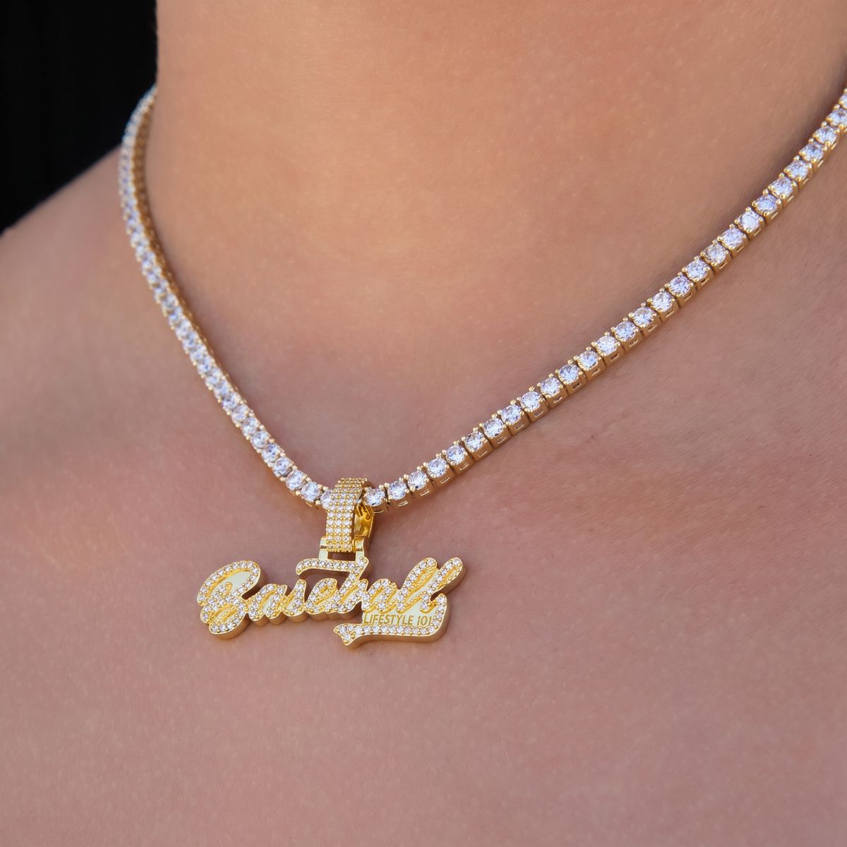 GLD Women Baseball Lifestyle 101 Iced Wordmark Pendant in Yellow Gold
