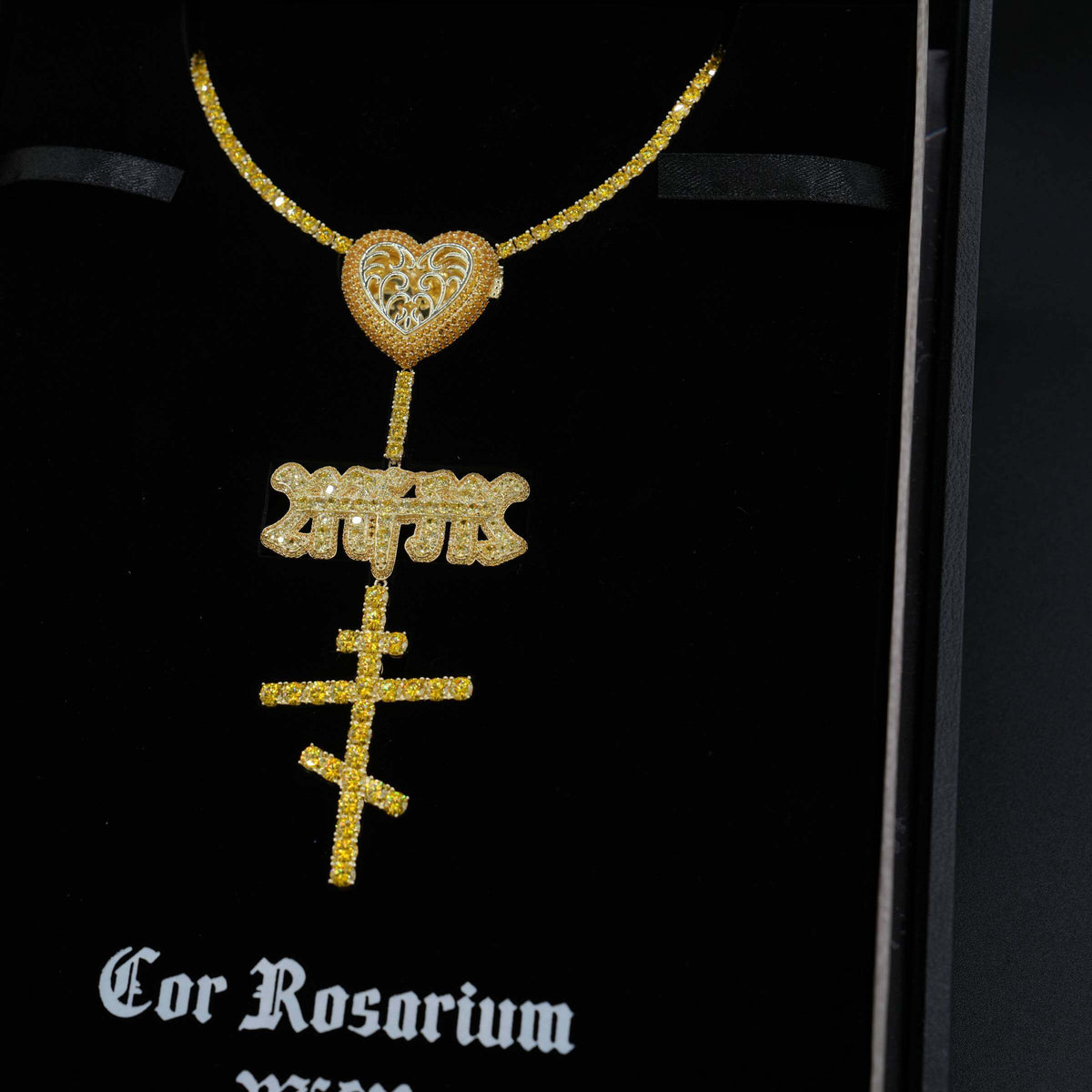 GLD Men GLD X Bloody Osiris Iced Canary Locket Rosary Chain in Yellow Gold Vermeil