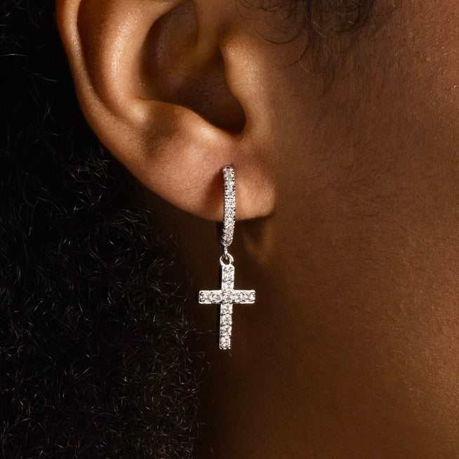 GLD Women Diamond Cross Micro Huggie Hoop Earrings in White Gold