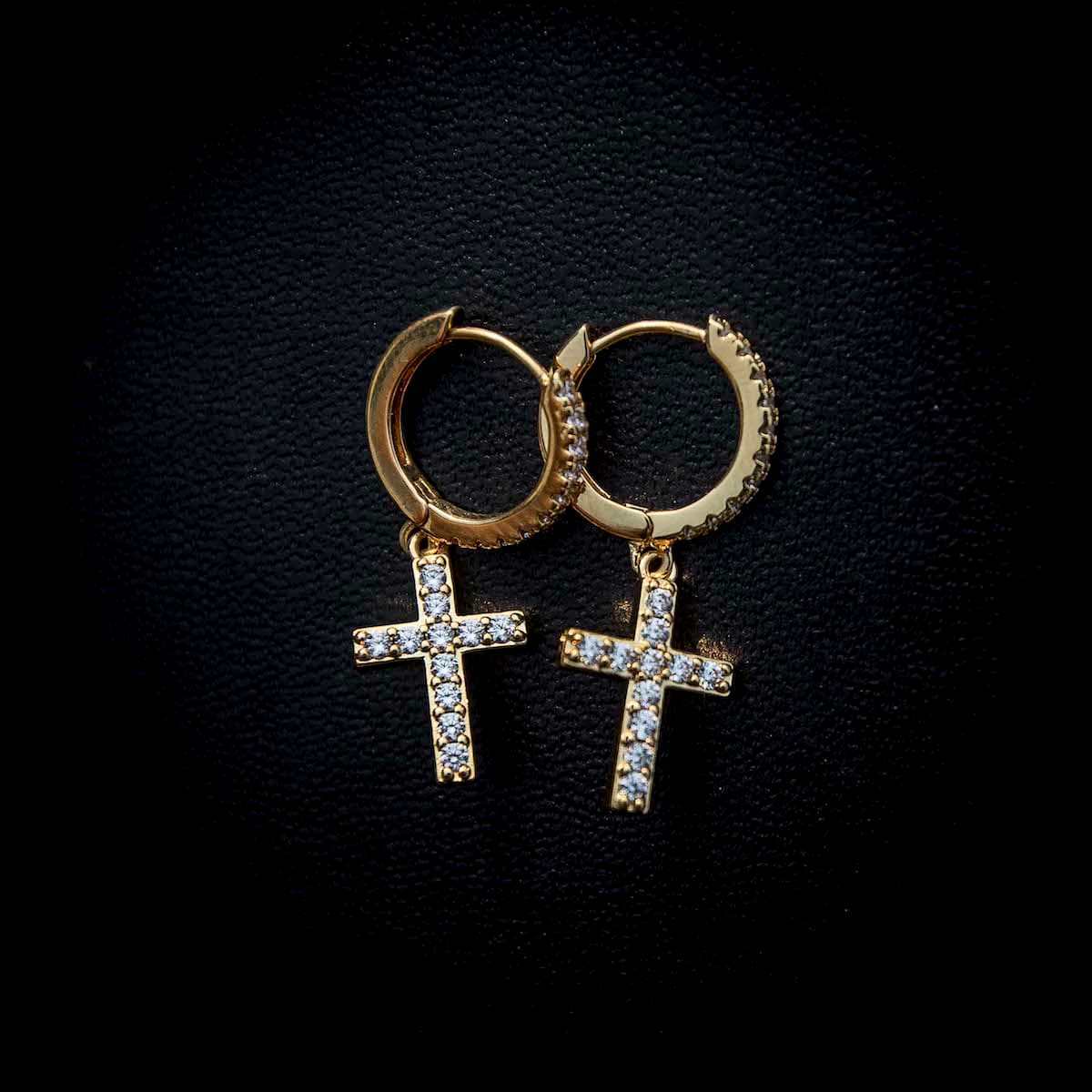 GLD PROMO Diamond Cross Extra Small Huggie Hoop Earrings in Yellow Gold