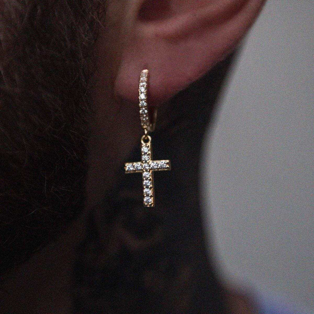 GLD PROMO Diamond Cross Extra Small Huggie Hoop Earrings in Yellow Gold