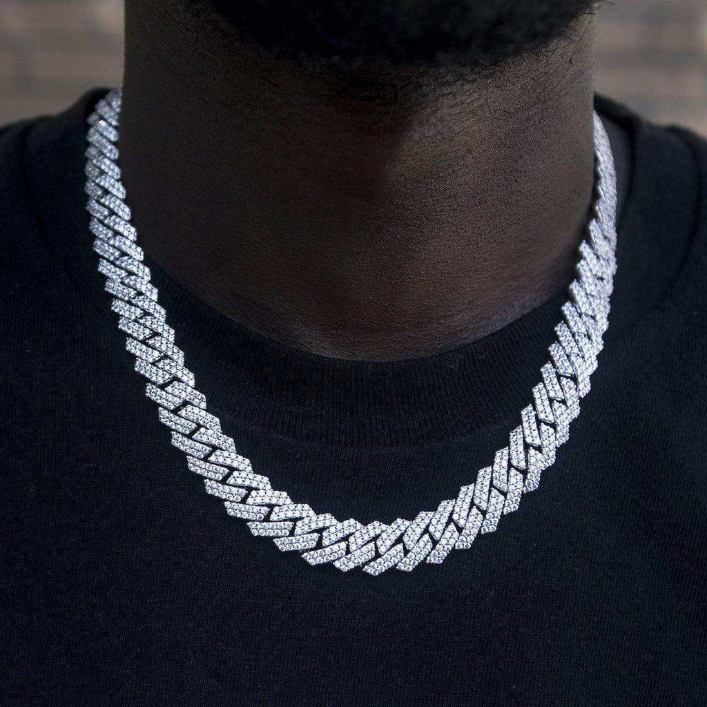 GLD Men Diamond Prong Link Chain in White Gold - 12mm