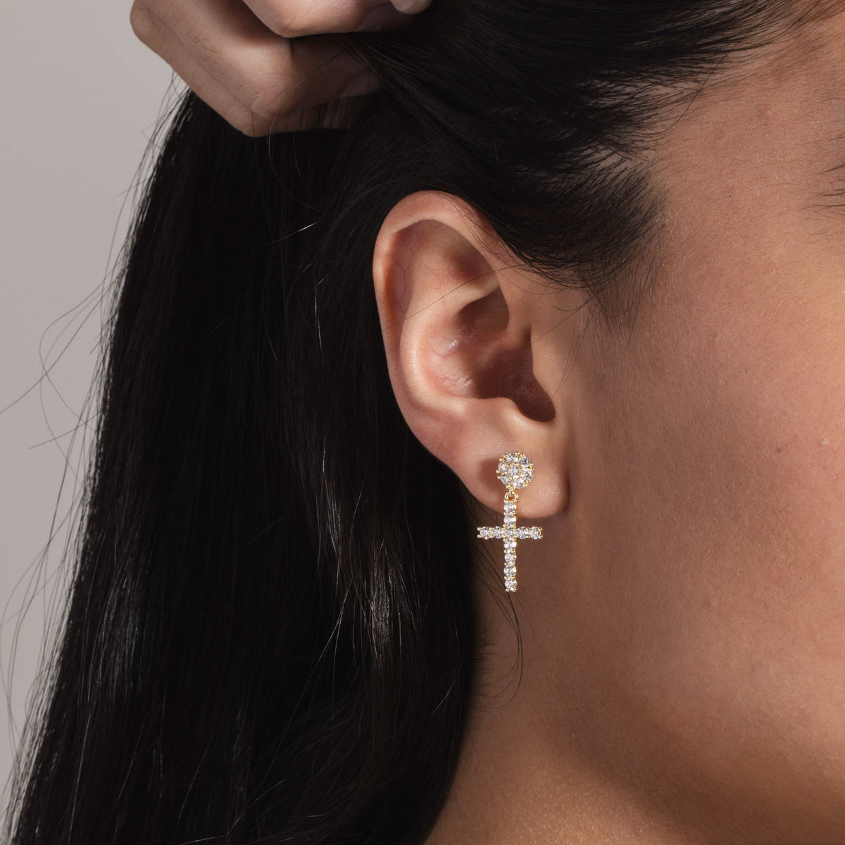 GLD Women GLD Diamond Studded Cross Earrings in Yellow Gold