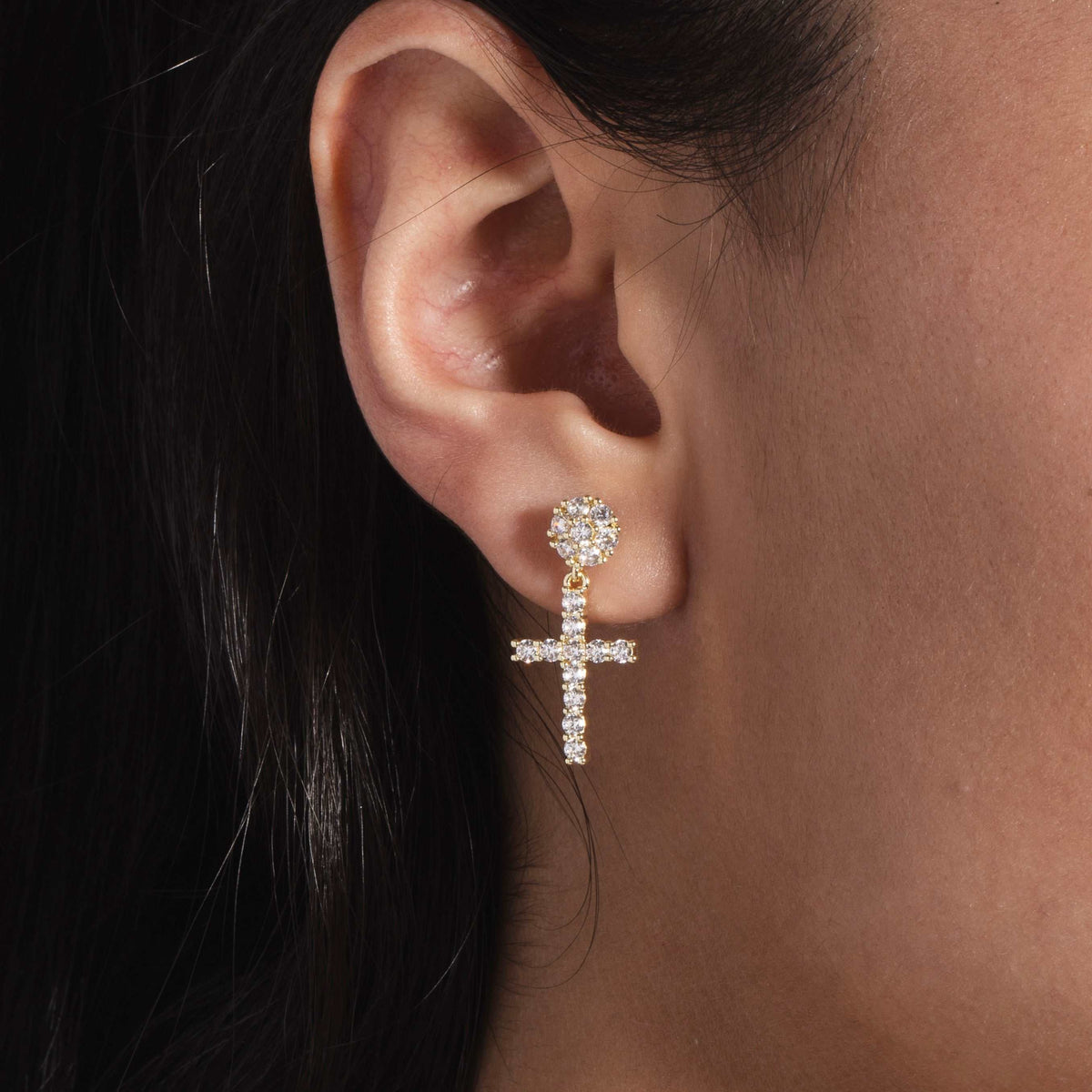 GLD PROMO Diamond Studded Cross Earrings in Yellow Gold