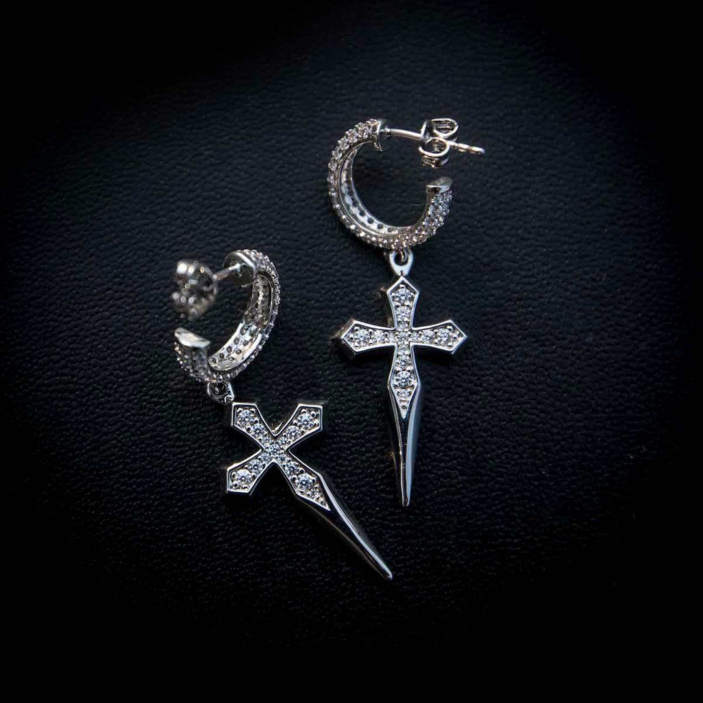 GLD Men Dripping Cross Extra Small Huggie Hoop Earrings in White Gold