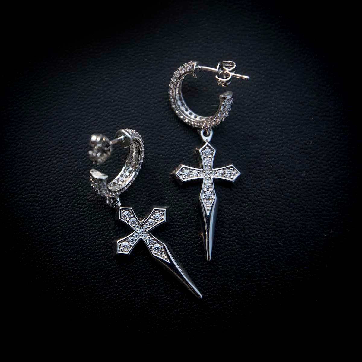 GLD Men Dripping Cross Extra Small Huggie Hoop Earrings in White Gold