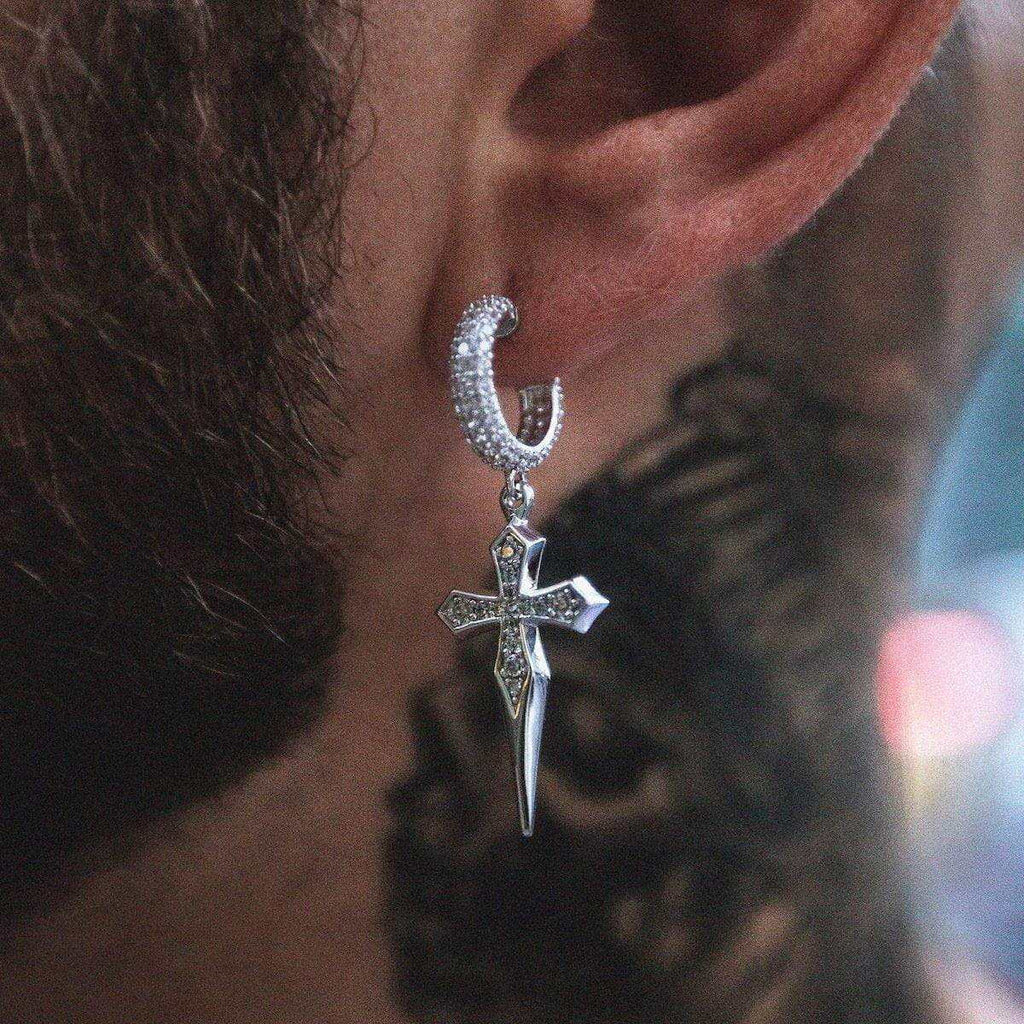 GLD Men GLD Dripping Cross Extra Small Huggie Hoop Earrings in White Gold