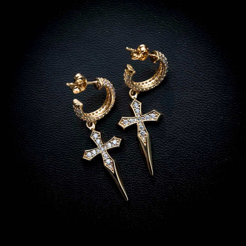 GLD Men GLD Dripping Cross Extra Small Huggie Hoop Earrings in Yellow Gold