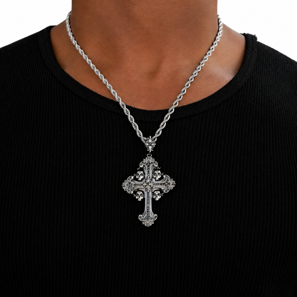 GLD Men Medieval Cross Black Stones Pendant in Black
