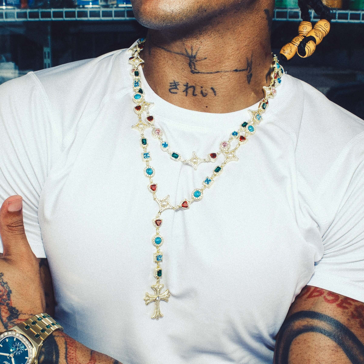 GLD Men Colored Gemstone Pearl Chain + Rosary Bundle in Yellow Gold - 17mm
