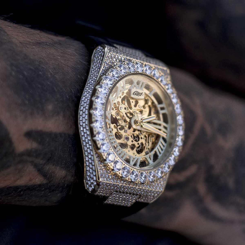 GLD Men 42MM Iced Alpha Era® Luminous Skeleton Gold w/ Rubber Strap