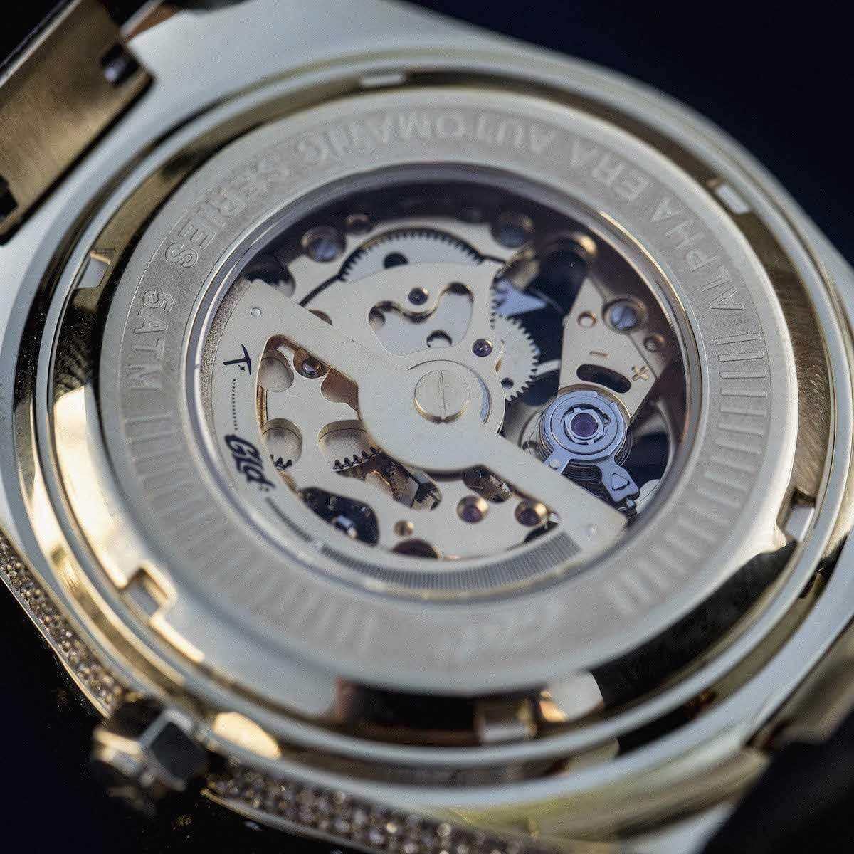 GLD Men 42MM Iced Alpha Era® Luminous Skeleton Gold w/ Rubber Strap