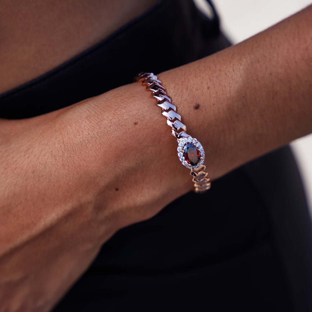 GLD Women Iced Burgundy Oval Cuff Bracelet in Rose Gold - 3mm