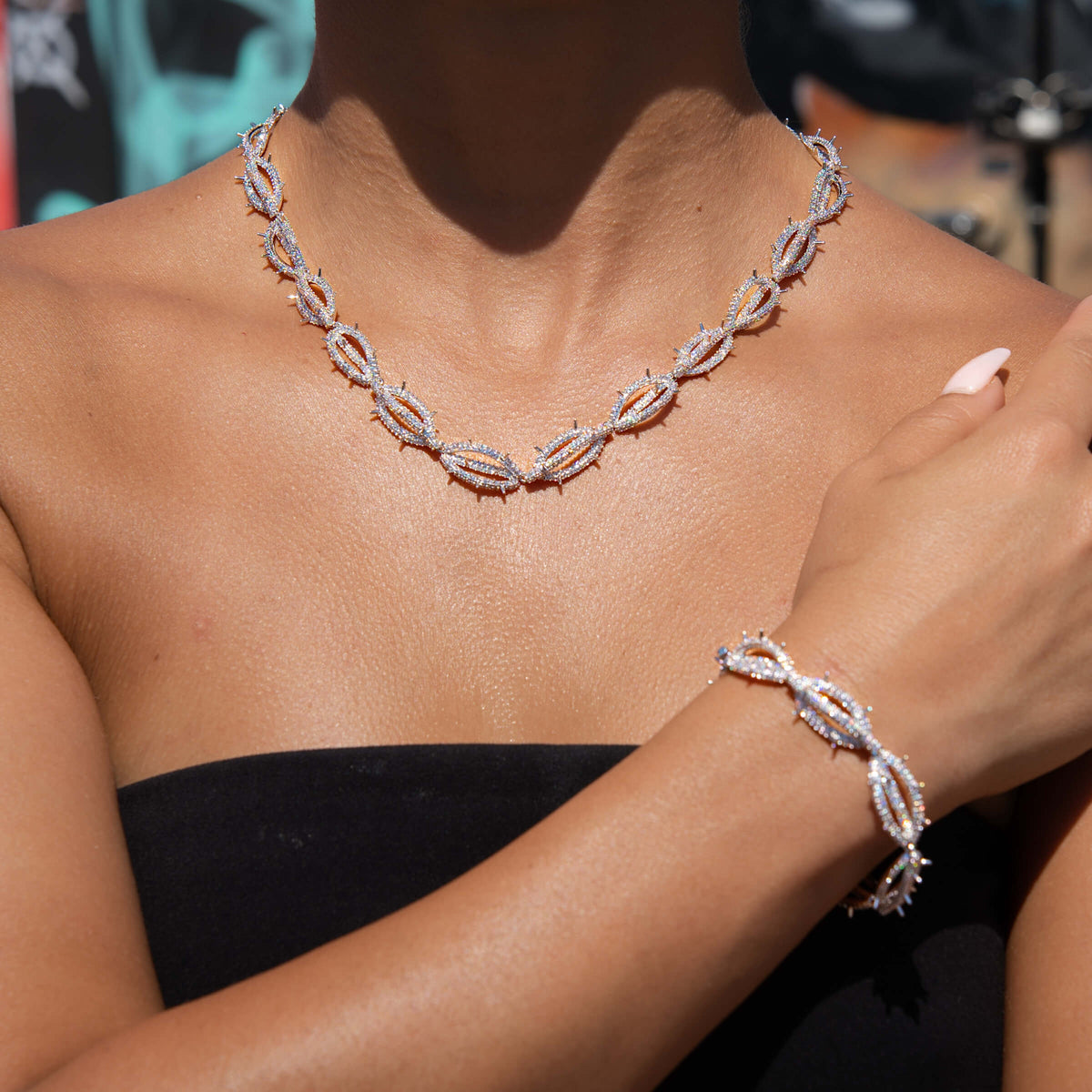 GLD Women Iced Crown of Thorns Necklace + Bracelet Bundle in White Gold