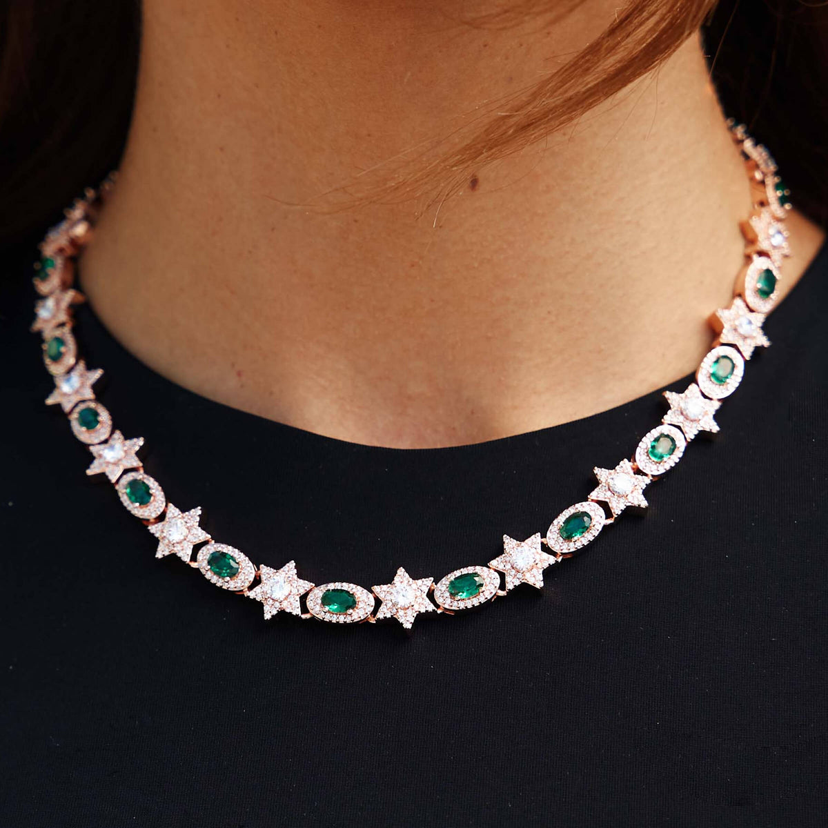 GLD Women Iced Star Oval Emerald Necklace in Rose Gold - 12MM