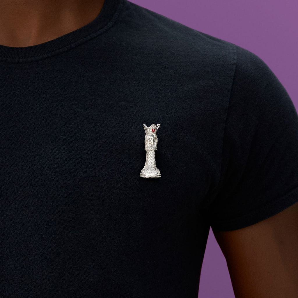 GLD Men Iced Chess Queen Brooch in White Gold