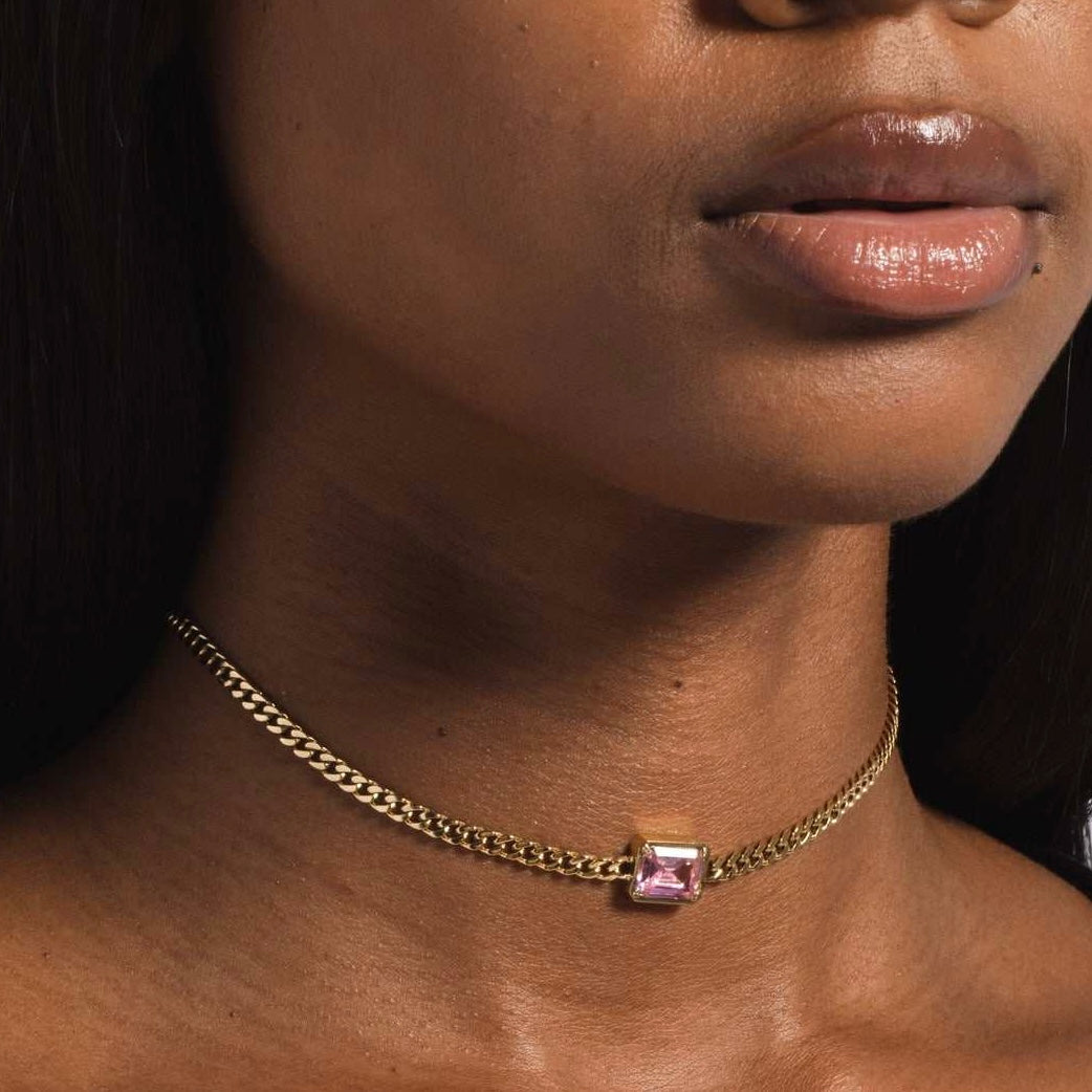 GLD PROMO - WOMEN Micro Cuban Necklace w/ Pink Stone in Yellow Gold