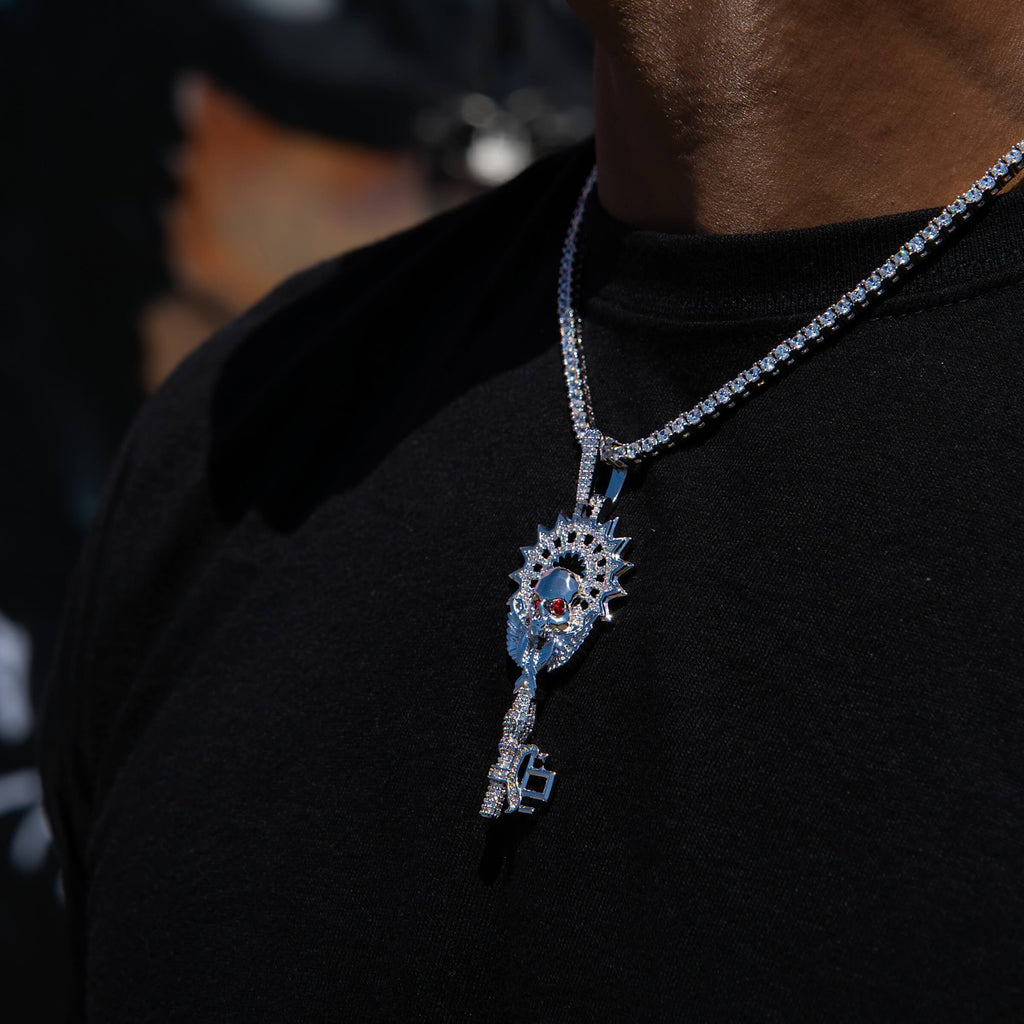 GLD Men Large Iced Skull Key Pendant in White Gold
