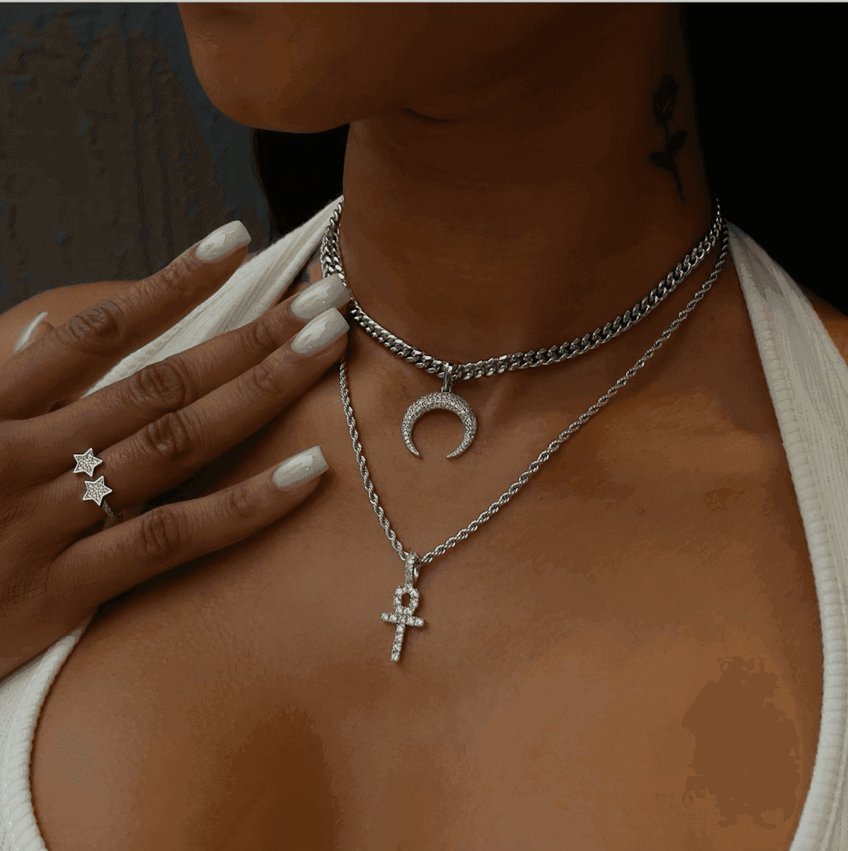 GLD Women 2 Chains + 2 Pendants - White Gold