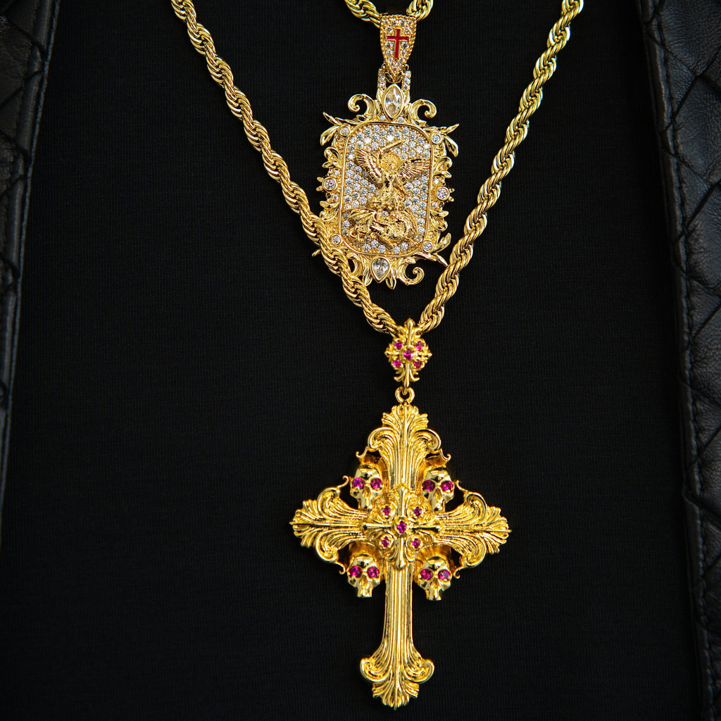 GLD Men Medieval Cross Ruby Stones Pendant in Yellow Gold
