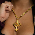 GLD Women Medieval Cross Ruby Stones Pendant + 4mm Rope Chain in Yellow Gold