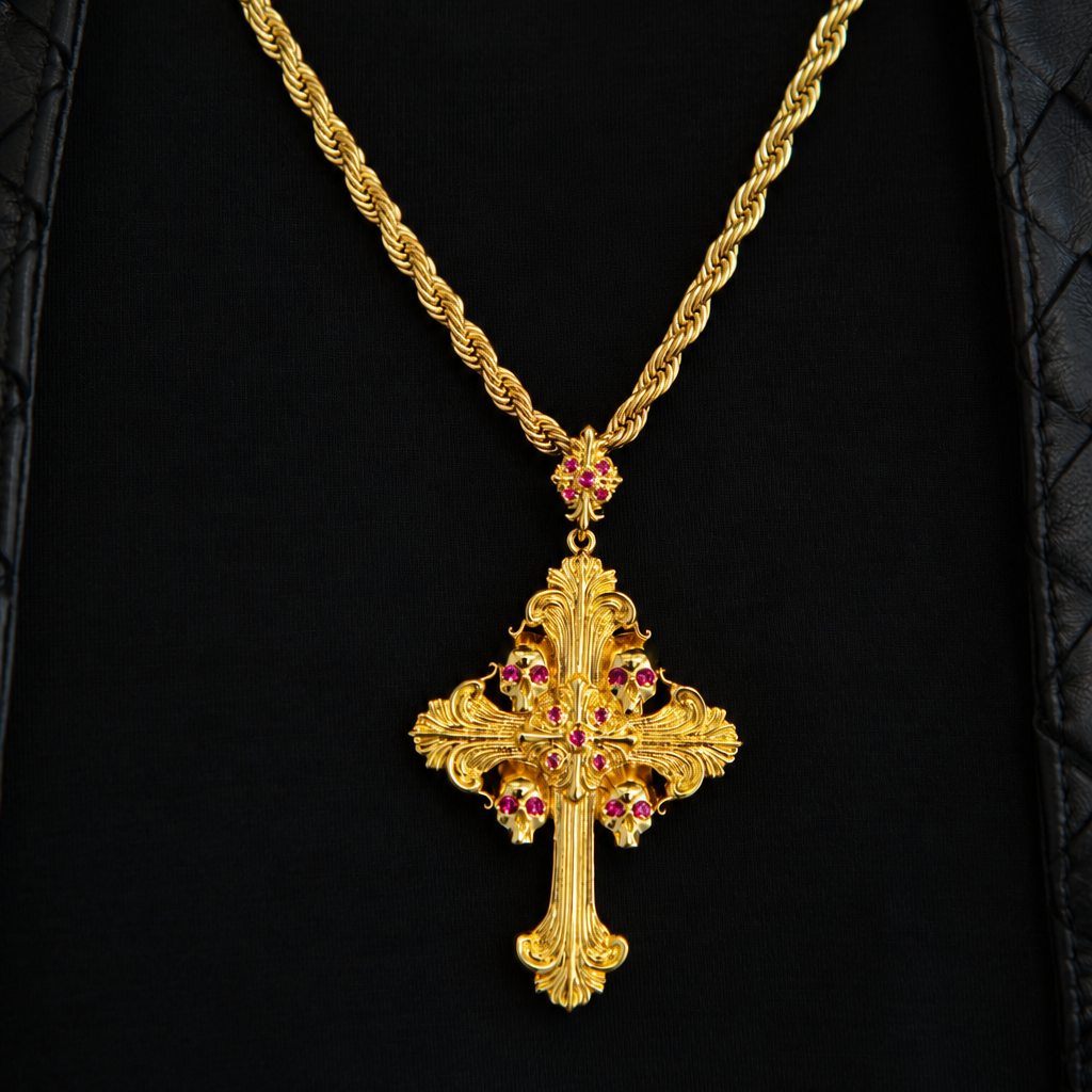 GLD Men Medieval Cross Ruby Stones Pendant + 4mm Rope Chain in Yellow Gold