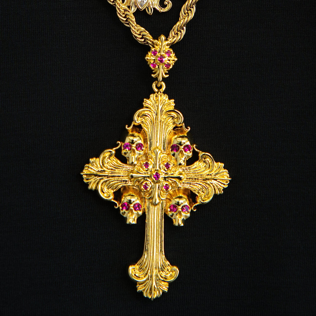 GLD Men Medieval Cross Ruby Stones Pendant in Yellow Gold