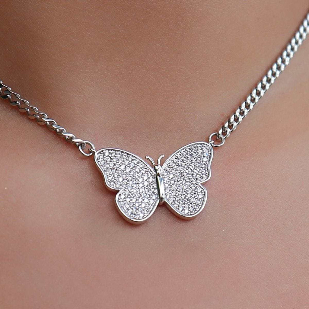 GLD PROMO - WOMEN Micro Butterfly Necklace in White Gold