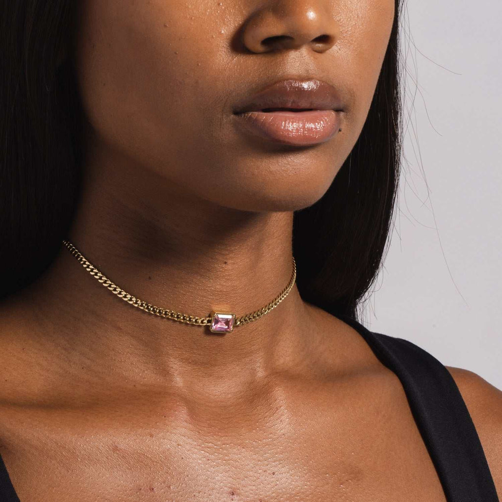 GLD PROMO - WOMEN Micro Cuban Necklace w/ Pink Stone in Yellow Gold