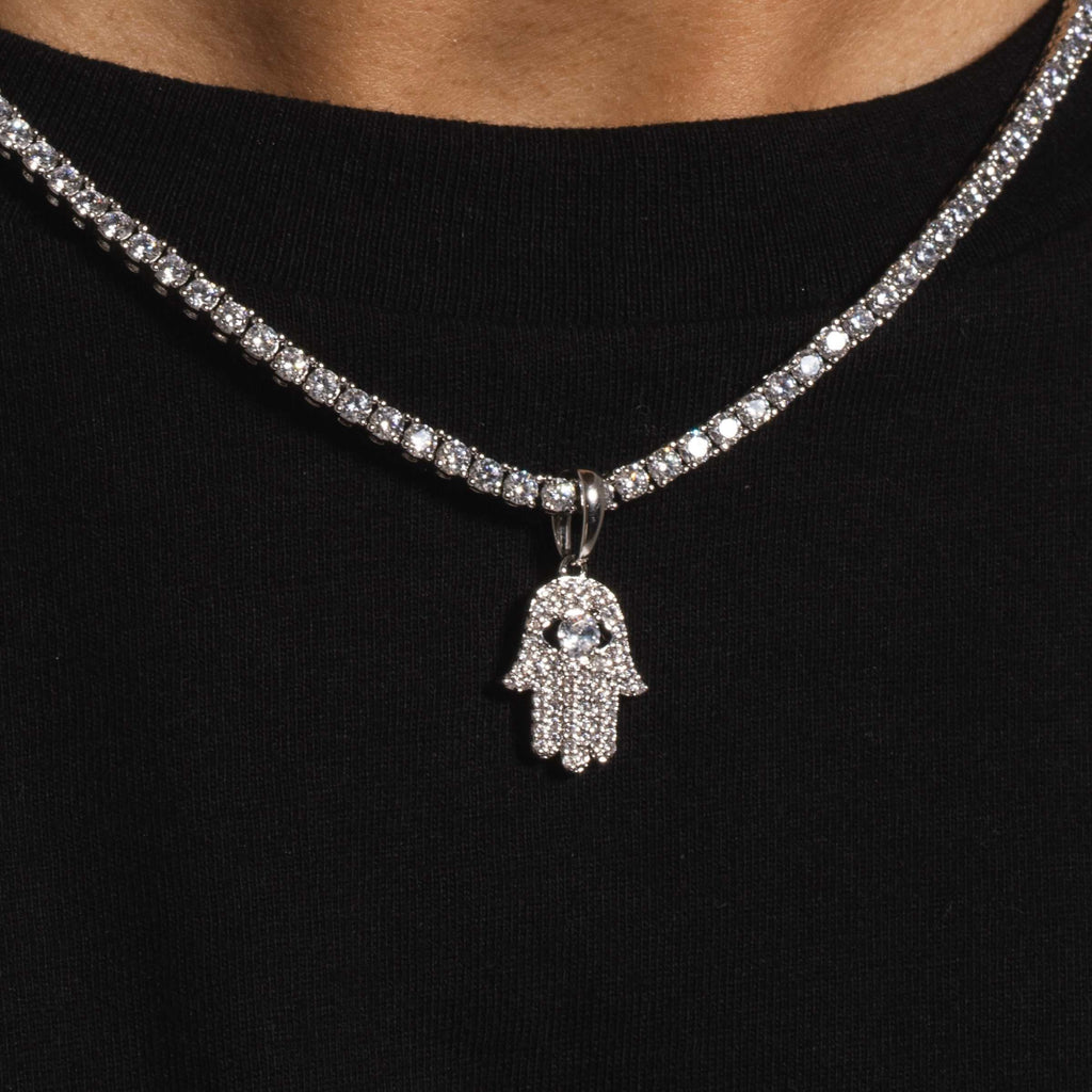 GLD Men Micro Iced Hamsa Pendant in White Gold