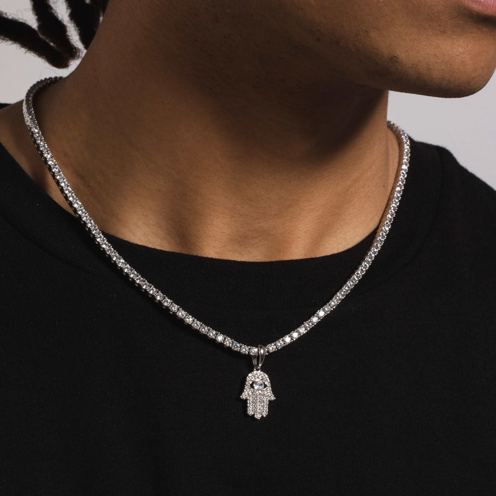 GLD Men Micro Iced Hamsa Pendant in White Gold