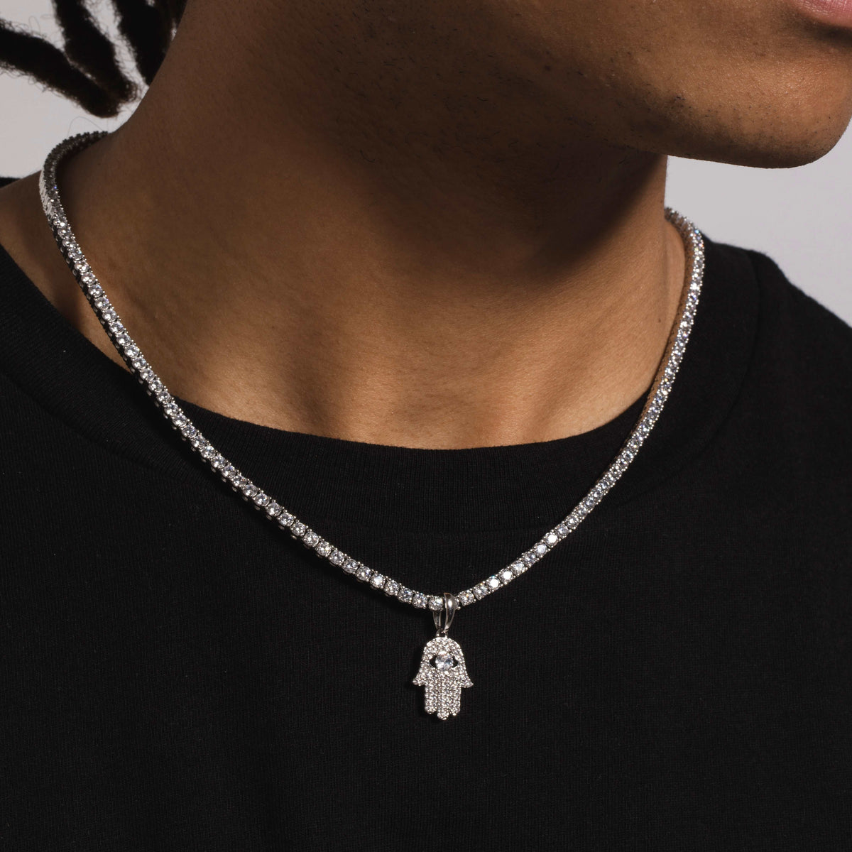 GLD Men Micro Iced Hamsa Pendant in White Gold